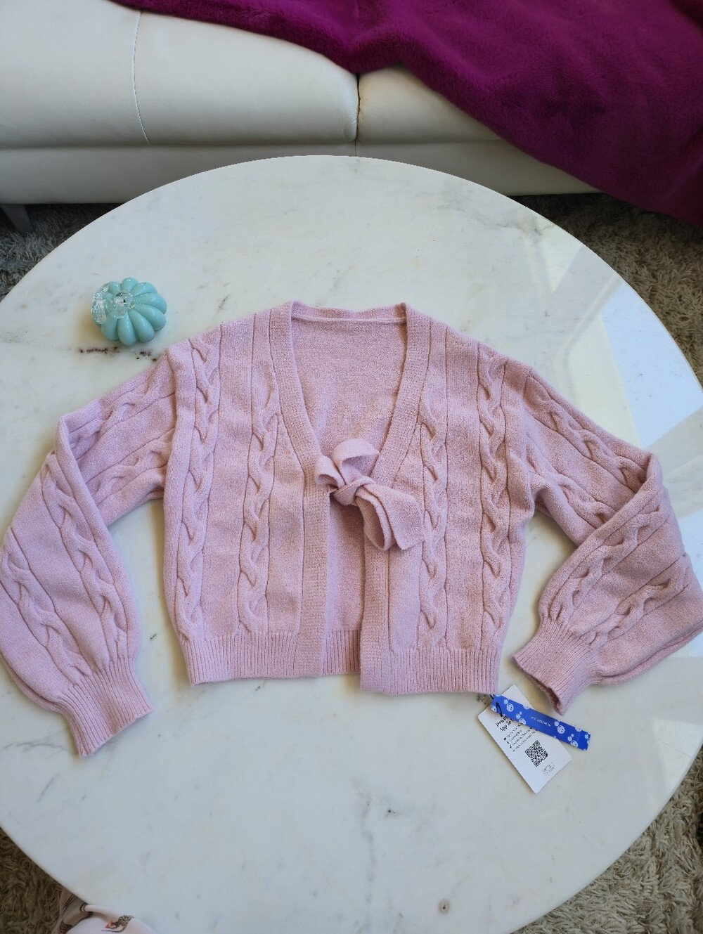 NWT Cider V Neck Cable Knit Oversized Bowfront Cardigan In Pink Size L